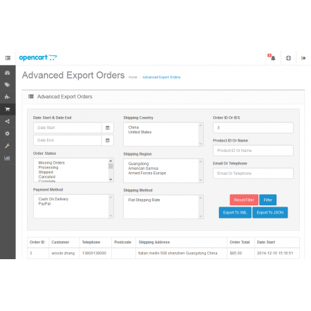 Advanced Export Orders To XML Or JSON For OpenCart V2